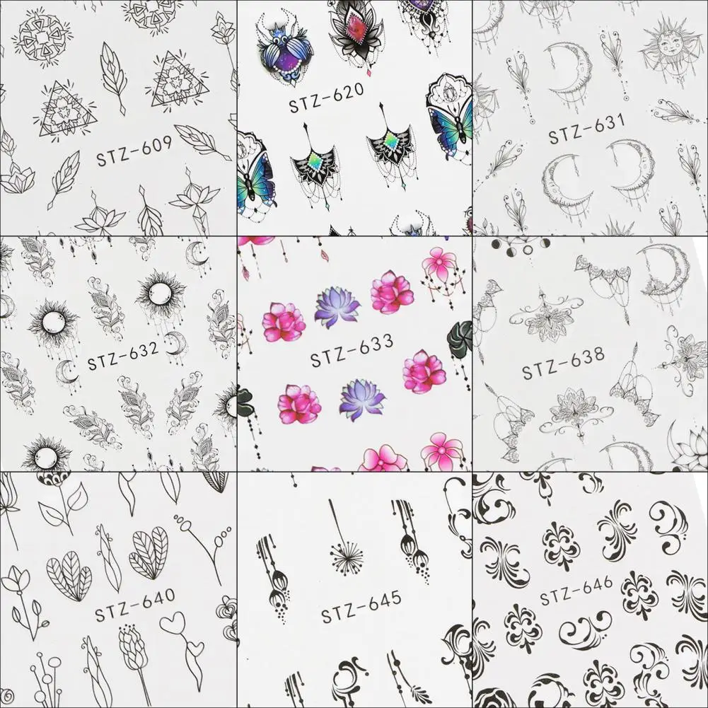 Black Lines Flower Leaves Water Decals Stickers Floral Face Marble Pattern Slider For Nails Summer Nail Art Decoration