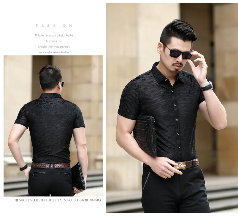 Sexy Mens Lace Shirt Transparent See Through Mesh Club Party Shirt Male Summer Leisure Hollow Out Short Sleeve Shirt