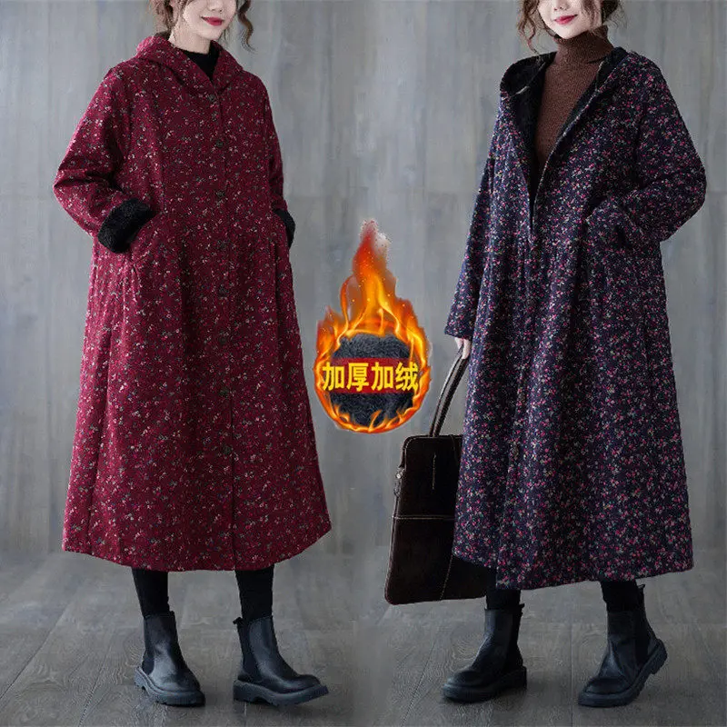 Women Fleece Autumn And Winter Cotton And Linen Jacket Small Floral Plus Velvet Warm Hooded Windbreaker Coat Long Abrigos M1547