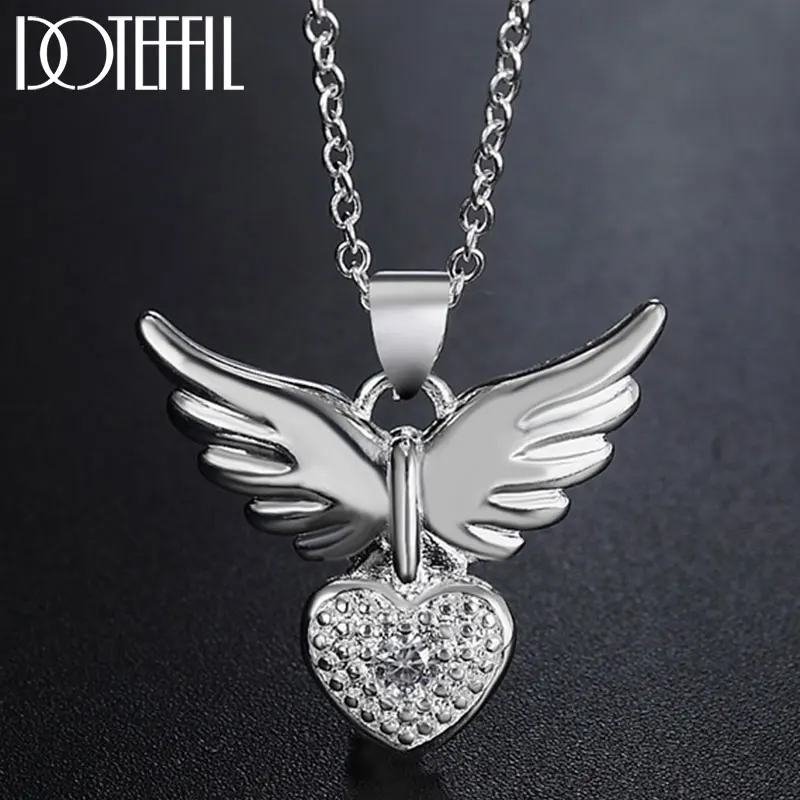 

DOTEFFIL 925 Sterling Silver 18 Inch AAA Zircon Love Heart Wings Pendant Necklace For Women Fashion Wedding Party Charm Jewelry