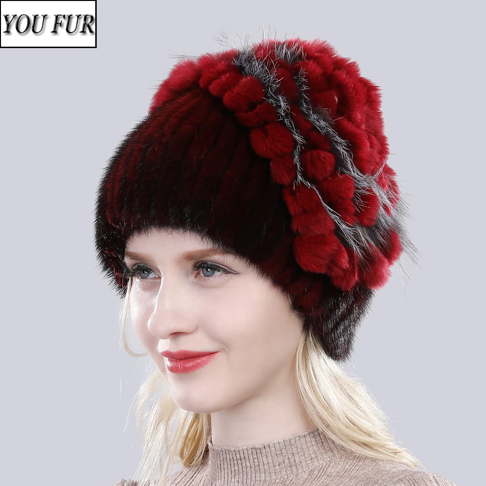 

2023 New Winter Women Knitted Real Mink Fur Hat 100% Natural Quality Mink Fur Hat Lady Warm Mink Fur Cap Top Rex Rabbit Fur Caps