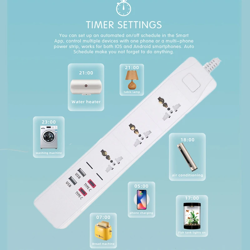 Uniwersalna inteligentna listwa zasilająca Wifi 3 gniazda gniazdo 2 USB 2 type-c 3.0A szybkie ładowanie sterowanie głosowe dla Alexa asystent Google