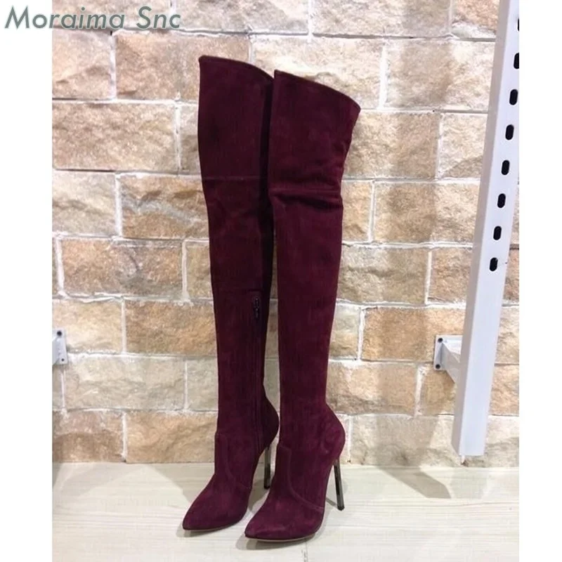 

Women Long Boots Side Zipper Pointed Toe Wine Red Thigh High Over the Knee Thin High Heel New Fashion Autumn Winter Woman Shoes