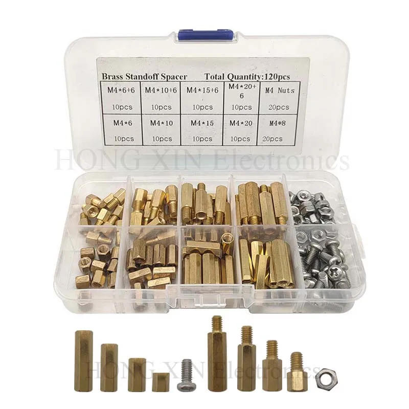 

120pcs/Set M4 Brass Male Female Hex Standoff Threaded PCB Hexagon Motherboard Spacer Bolt Screw Long Nut Set Assortment Kit