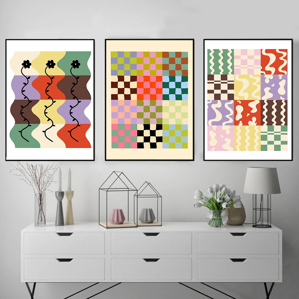 

Warped Checkerboard Graphic Flower Canvas Painting Abstract Wall Art Print Minimalism Modern Picture For Living Room Home Decor