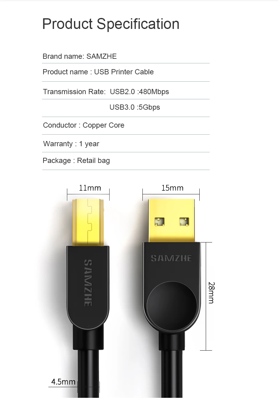 SAMZHE USB 2,0 Print Kabel USB 2,0 Typ A Stecker Auf B Stecker Sync Daten Scanner Kabel für HP Canon epson Drucker – Detail 8
