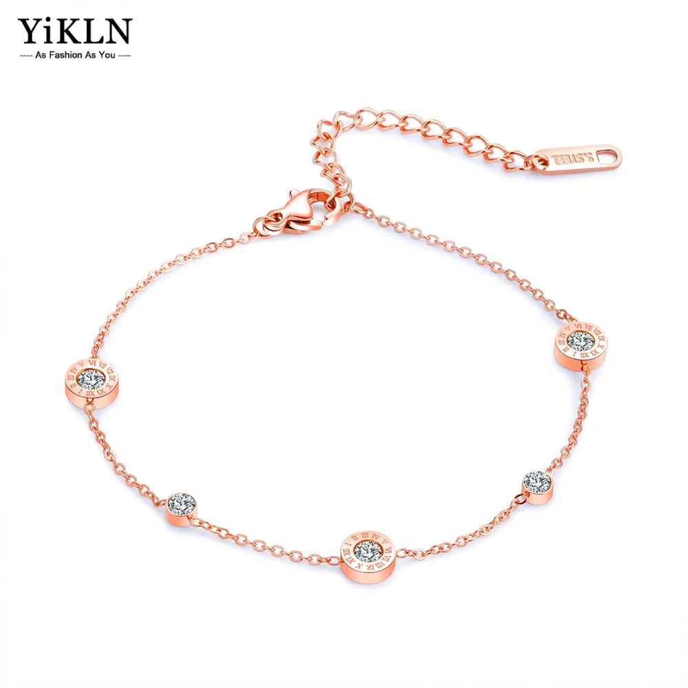 YiKLN Trendy Rose Gold Plated Love Roman Numeral Anklets For Women Titanium Steel Foot Link Chain Anklet Female Jewelry YA19022