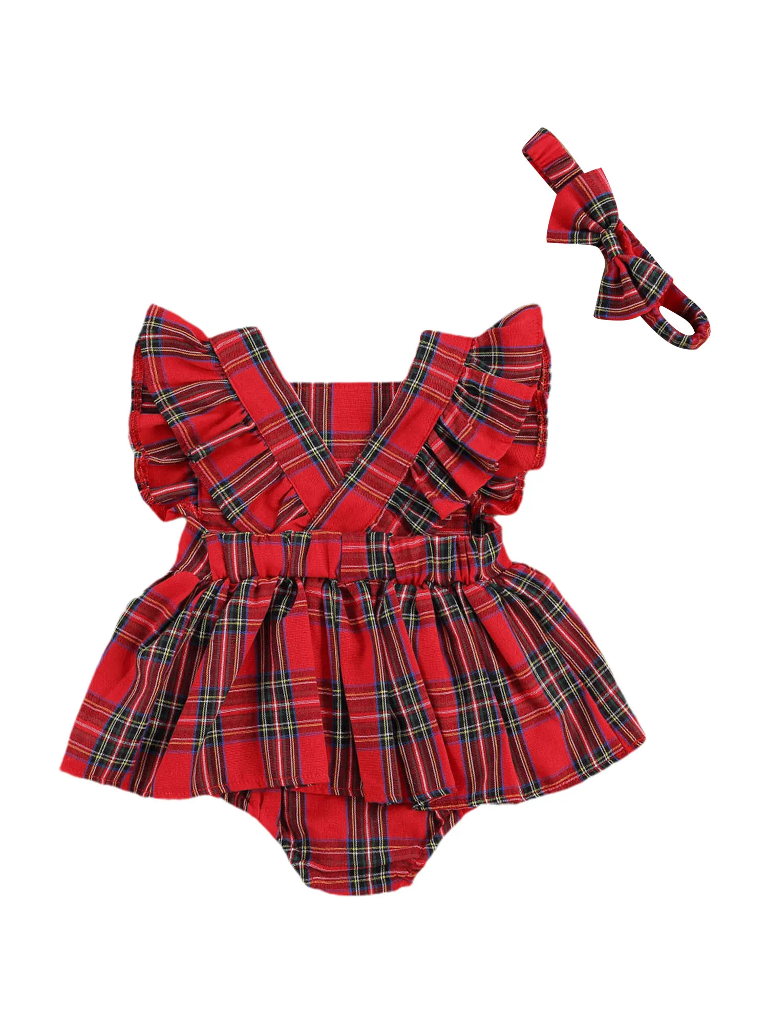 

Newborn Girls Dress Romper Children's Christmas Costume Plaid Butterfly Sleeve Jumpsuit with Bow Headband 2-piece Suits