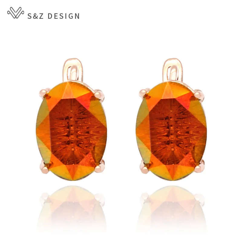 S&Z DESIGN New Fashion Colorful Oval Crystal Dangle Earrings For Women Wedding Jewelry 585 Rose Gold Color Egg Shape Eardrop