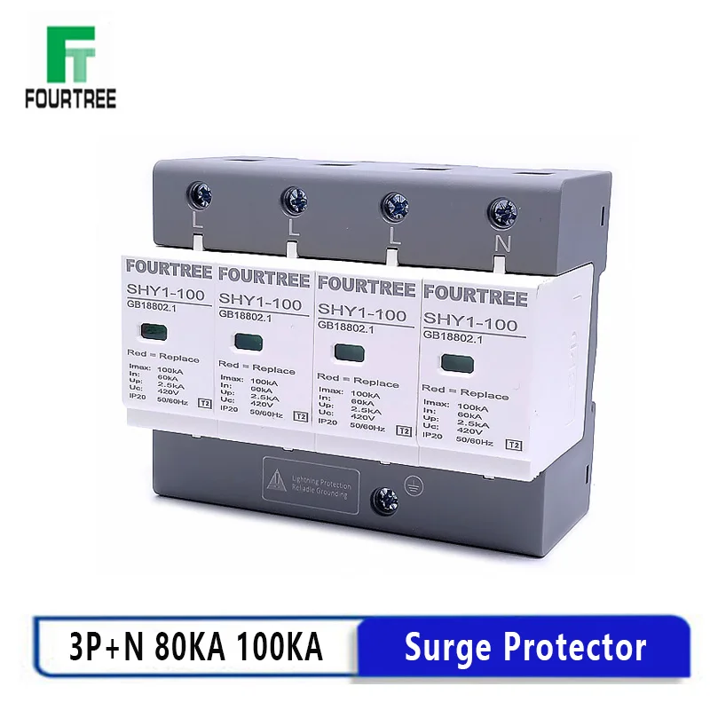 1PCS Surge Protector AC 3P+N 40~80KA 60KA~100KA 385V 420V SPD House Lightning Protection Arrester Low-Voltage Protection 4P