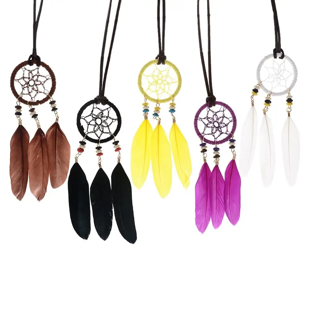 Boho Retro Black Green Feather Pendant Necklace Alloy Chain Coin Ethnic Indian Style Long Sweater Dream Catcher Necklace