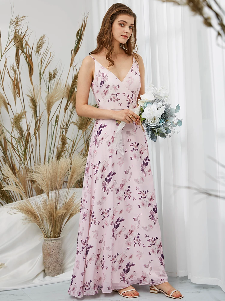 Straps V Neck Floral Pink Bridesmaid Dress Plus Size Wedding Party Guest Formal Evening Gown Special Occasion