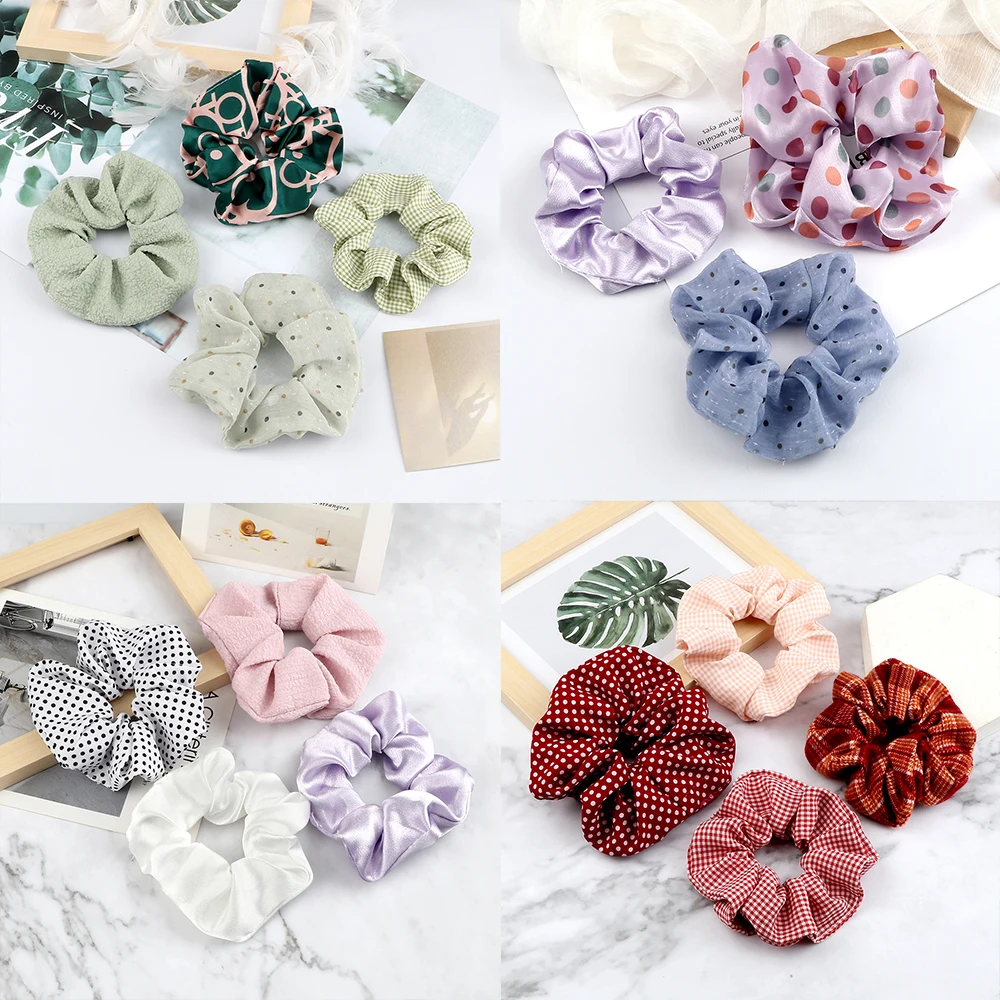 Women Girls Hair Bands Ties Satin Yarn Cotton Rubber Band Plaid Heart Pattern Korean Elastic Scrunchies Hair Accessories Holder