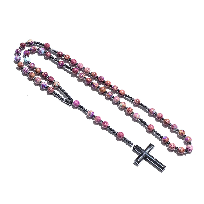 Natural Purple Emperor Jasper Catholic Christ Hematite Cross Pendant Necklace Meditation Mala Beads Rosary Men and Women Jewelry