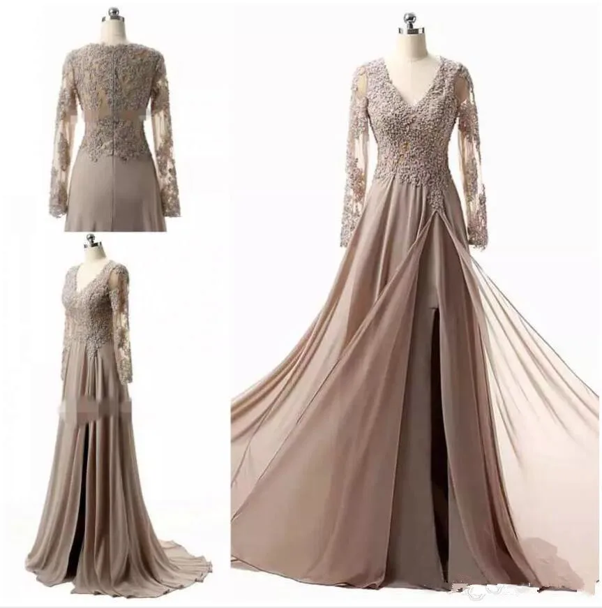 

Modest Mother of the Bride Dresses 2019 vestido de madrinha Elegant V Neck Lace Appliques Long Sleeves Formal evening Gowns