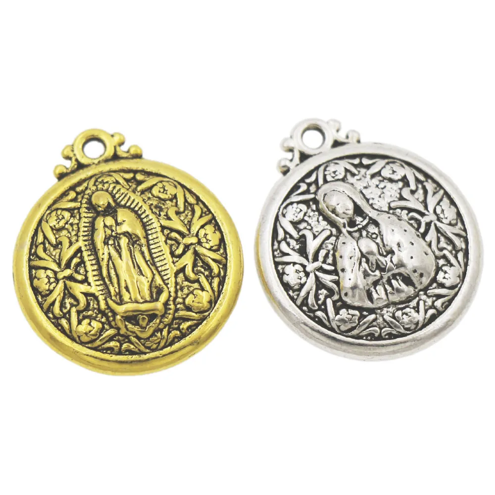 Virgin Mary Charm Beads 5pcs Zinc Alloy Pendants Retro Accessories L1788 24x20.5mm Religious Tibetan SIlver