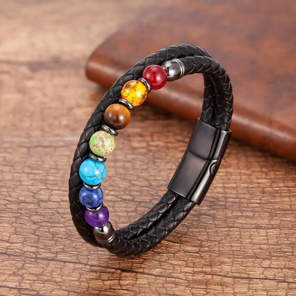 New Chakra Men Bracelet 7 Color Natural Yoga Healing Stone Beads Bracelets Black Genuine Leather Hommes Pulseras Jewelry Gifts