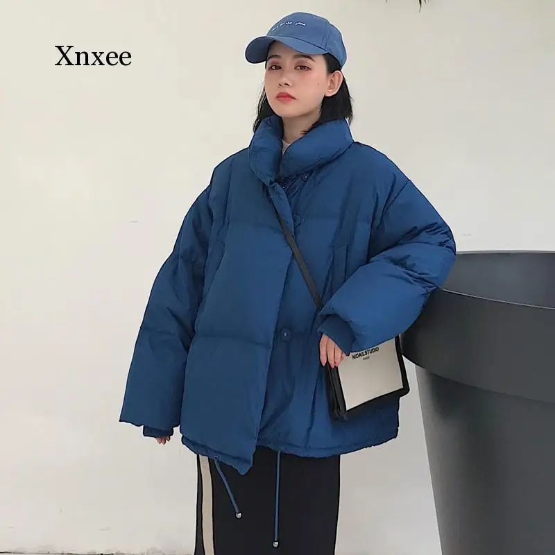 Korean Style 2019 Winter Jacket Women Stand Collar Solid Black White Female  Coat Loose Oversized Womens Short Parka