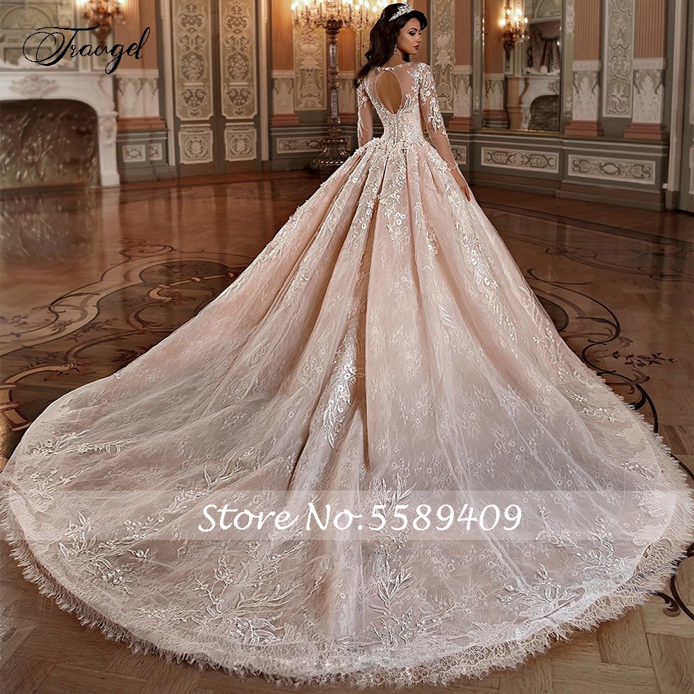 Traugel Sexy Backless Long Sleeve Lace Ball Gown Wedding Dresses Luxury Appliques Beadings Cathedral Train Vintage Bridal Gowns