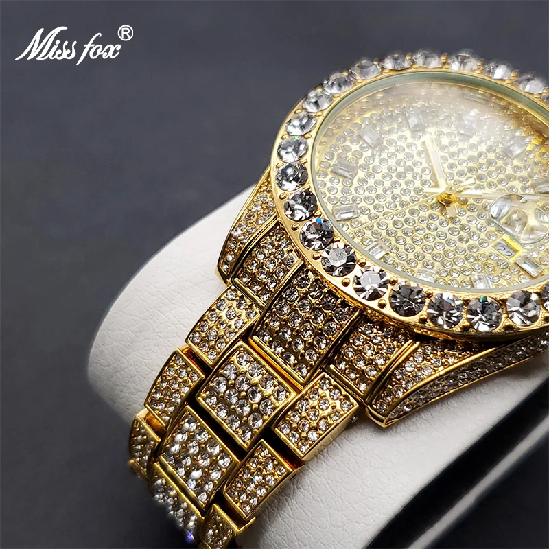 MISSFOX Men\'s Watches 18K Gold Full Diamond Luxury Quartz Watch For Man Waterproof Hip Hop Wristwatch Party Jewelly Dropshipping