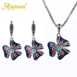 Ajojewel Ethnic Colorful Flower Rhinestone Jewelry Sets With Blue Stone Vintage Earrings Necklace Women Fashion Gift