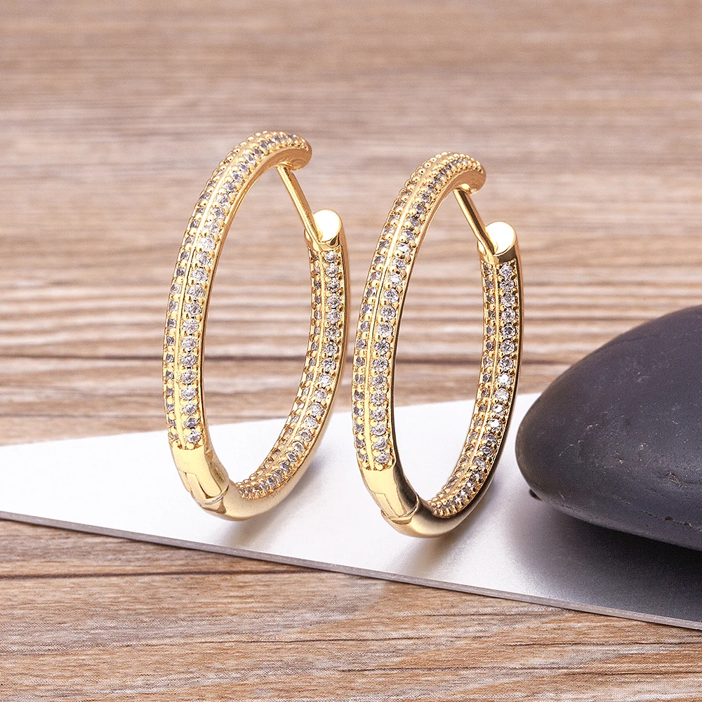 Popular Gold Color Full Zircon Hoop Earrings for Women Simple Design Round Circle Huggies Earrings Steampunk Accessories Jewelry