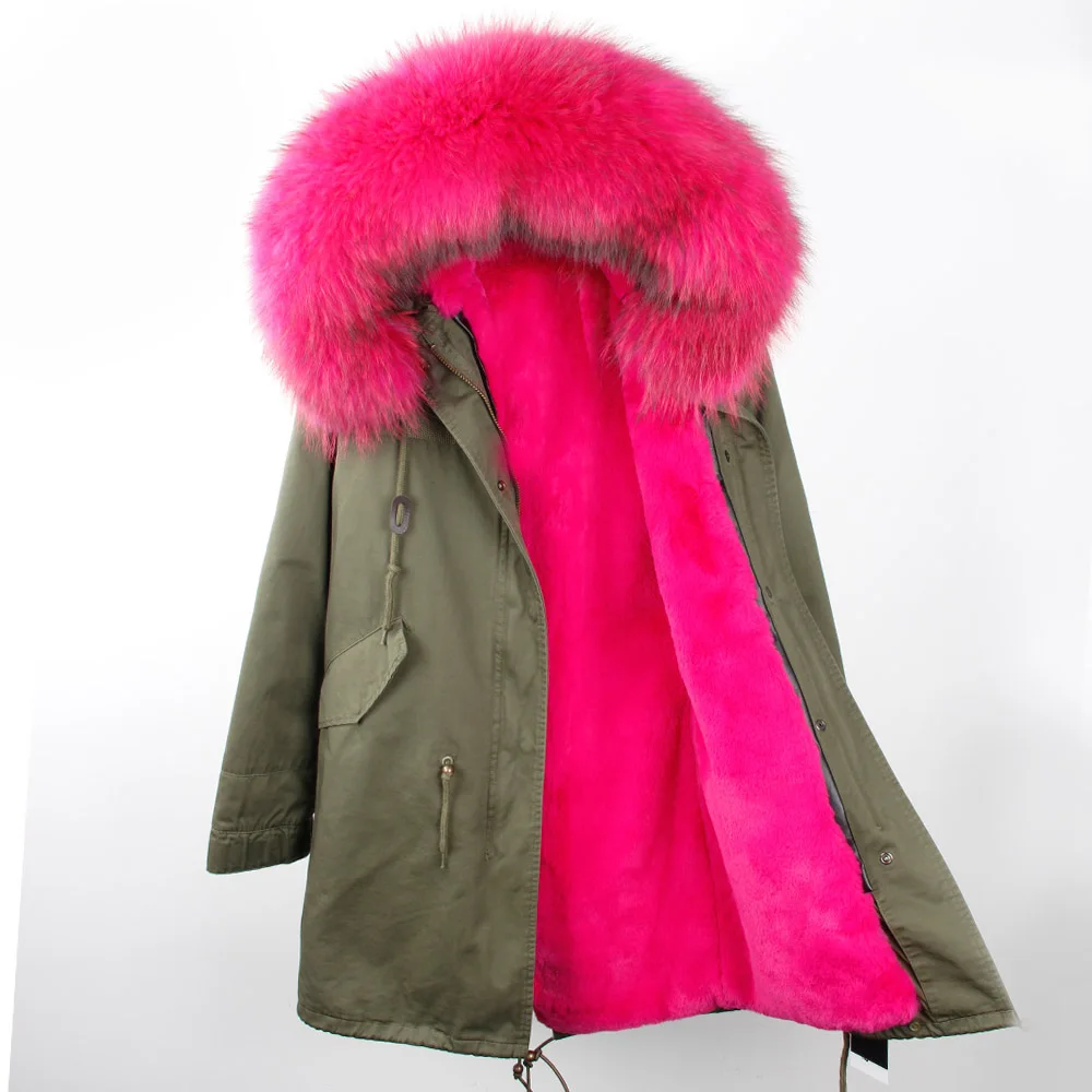 Brand 2023 Woman Winter Jacket Long Detachable Lining Army Green Black Parkas Large Real Raccoon Fur Hooded Coat Fashion Girl