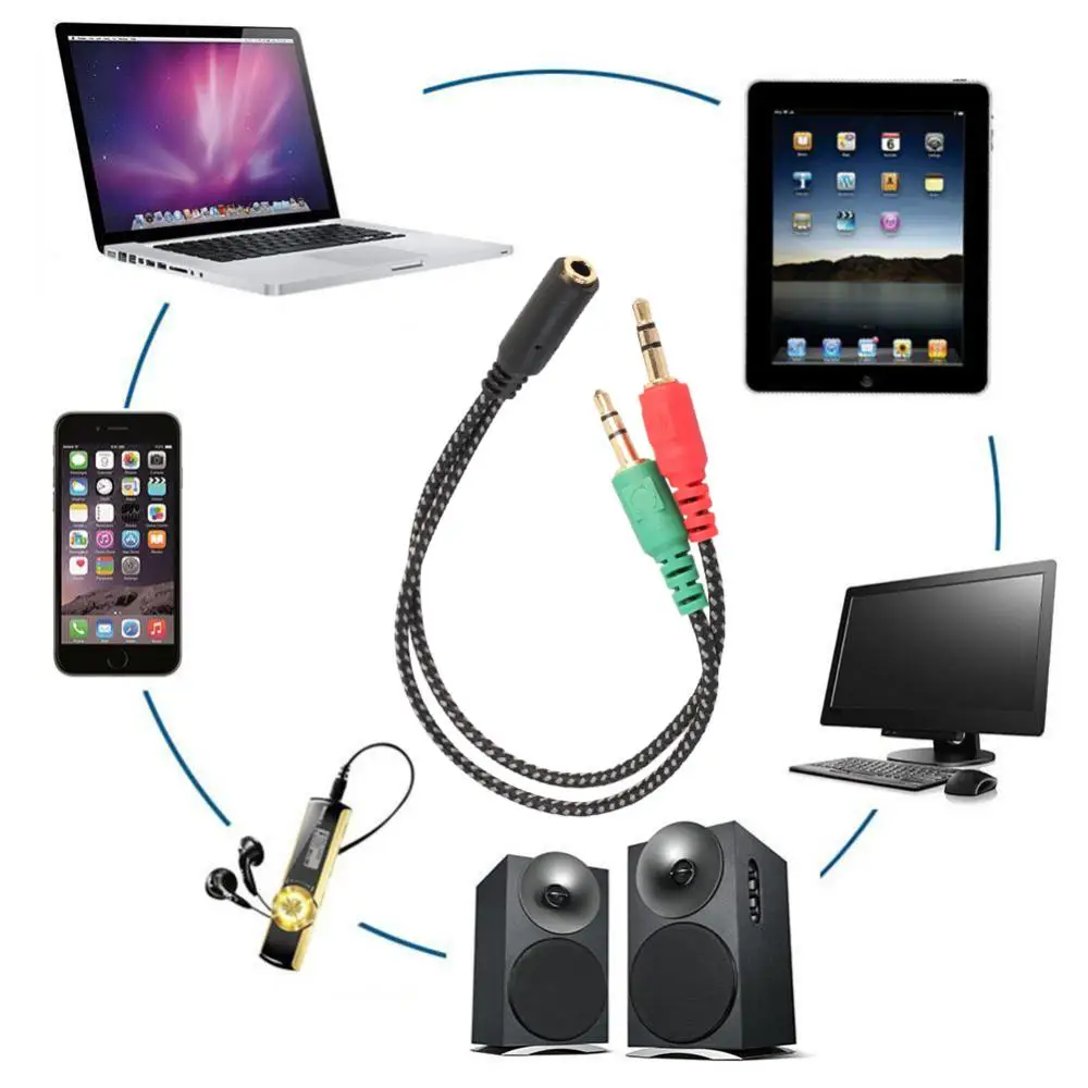 Divisor de entrada para fones de ouvido, 3.5mm, áudio estéreo, adaptador de cabo macho 2 fêmea com plug para microfone