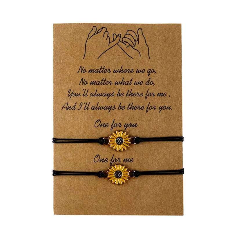 Retro Sunflower Life Tree Compass Circle Heart and 8 Shape Adjustable Wax Wire Braided Friendship Couple Card Alloy Bracelets