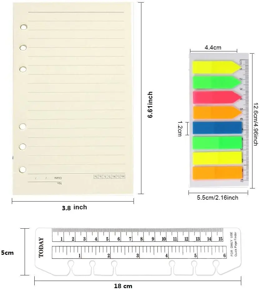 2 Pack A6 Refill Paper, 2 Pcs Binder Pockets,160 Pieces Neon Index Tabs,  Clear Ruler, Refillable Set for 6-Hole Binder Notebook