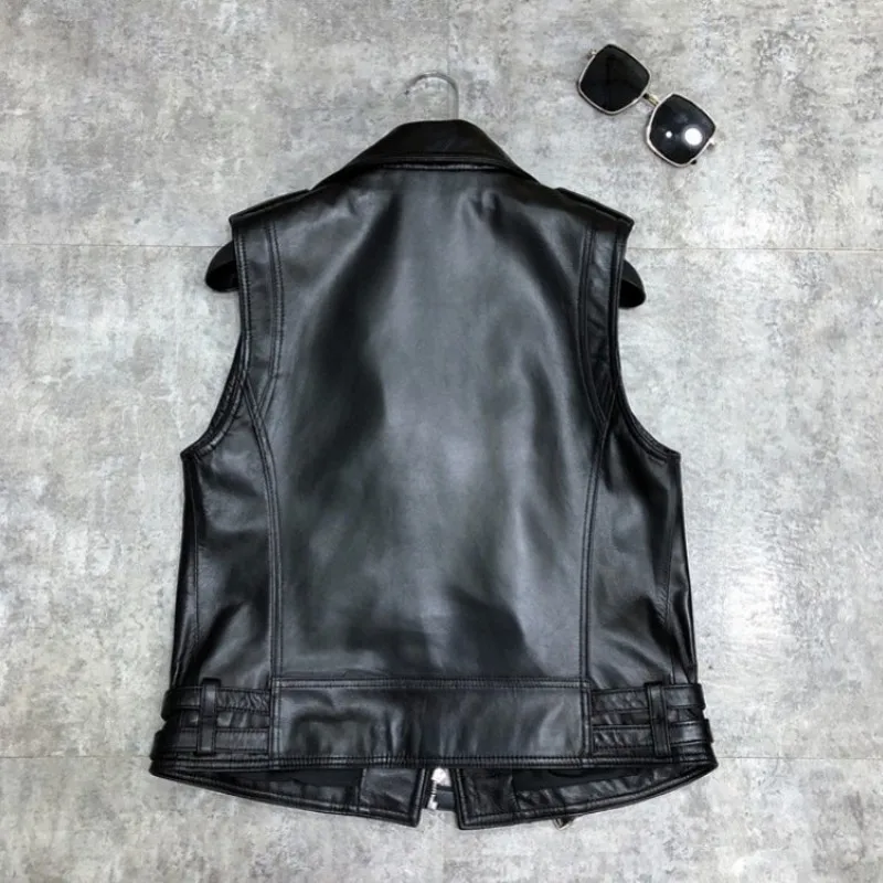 Luxury Sheepskin Biker Vest Women Street Zipper Punk Sleeveless Jacket OL Style 100% Real Leather Loose Short Waistcoat S-3XL