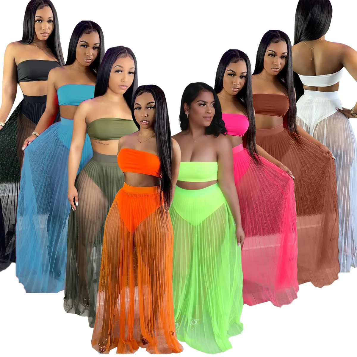 Sexy See Through 3 Piece Set Women Summer 2021 Beach wear Tube Crop Top + Pleated Long Skirts Club Party Two Piece Set Outfits