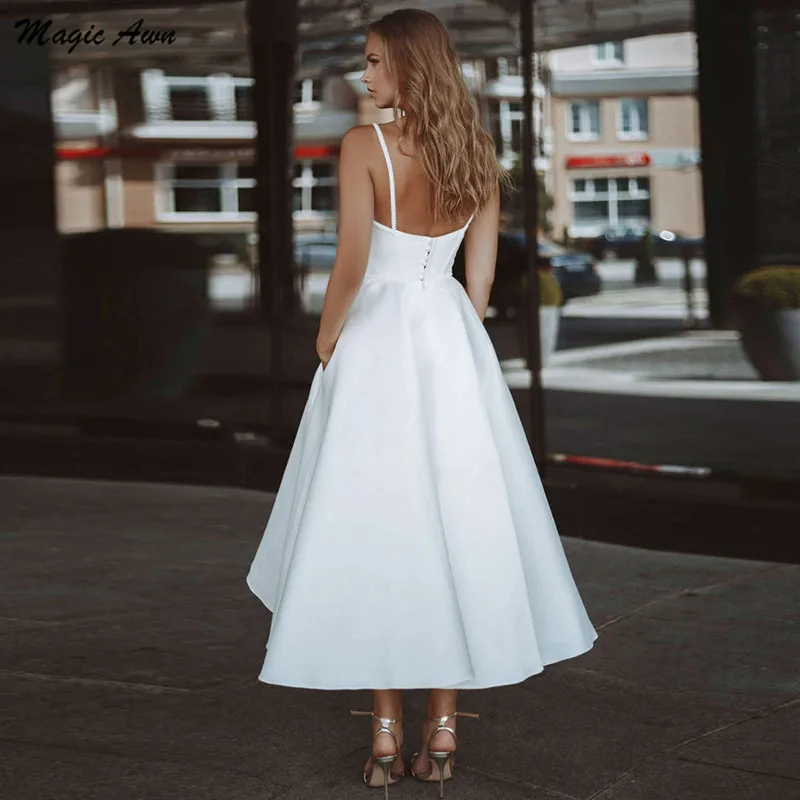 Magic Awn Boho Satin Wedding Dresses Ankle Length Spaghetti Backless Beach A-Line Bride Gowns With Pockets Simple Cheap Vetsidos