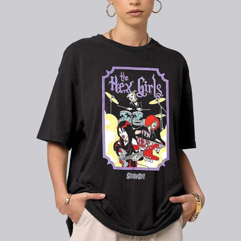 The Hex Girls w stylu Retro czarne gotyckie ponadgabarytowe koszulki damskie z krótkim rękawem zespół rockowy fajna bawełna topy letnia odzież