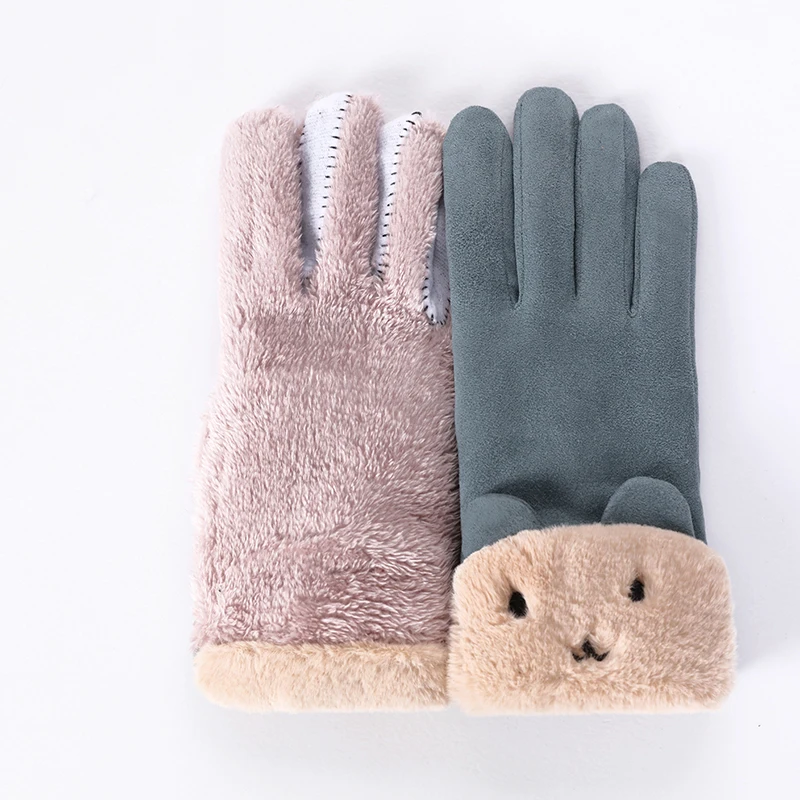 

Winter Female Warm Suede Leather Cartoon Bear Sport Cycling Mitten Women Double Thick Plush Wrist Touch Screen Driving Glove 81A