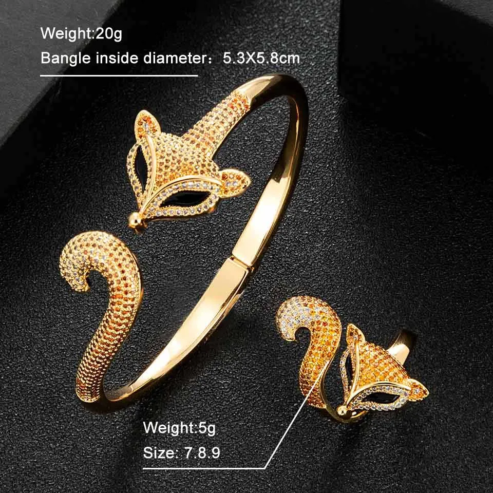 Zlxgirl Luxury brand fox shape animal wedding bangle ring 2pcs jewelry sets jet brown zirconia bracelet with ring bijoux set