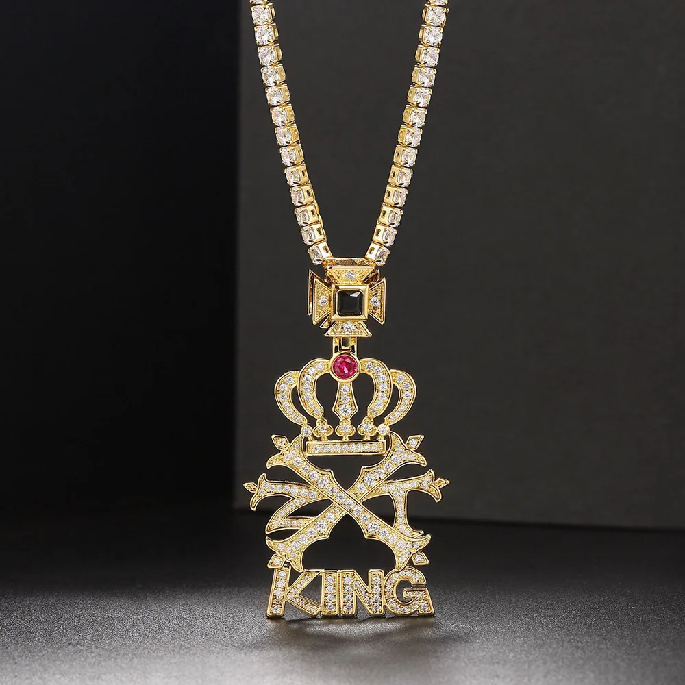 

Rock King Crown Pendant Necklaces For Men Women Hip Hop Jewelry Luxury Iced Out Tennis Chain Choker Necklace Punk Accessories