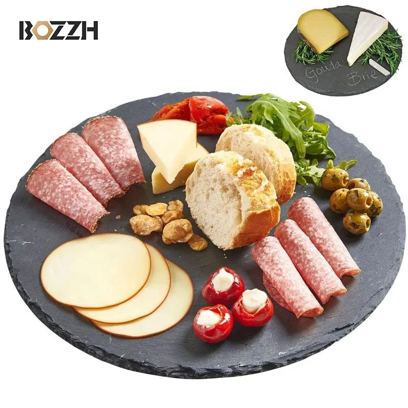 BOZZH Natural Black Western Slate Stone Dish Steak Plates Slate Dinner Plate Cheese Pizza Dessert Dish Tray