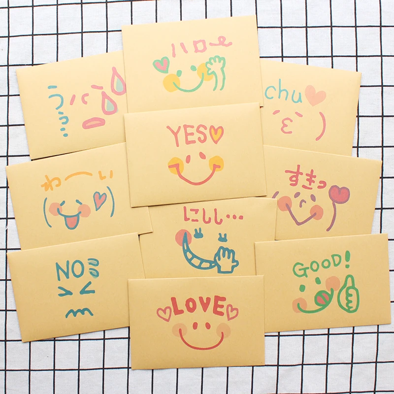 5 Kawaii Brown Kids Painting Letter Envelope Set Creative Cute Cartoon Face Kraft Paper Color Invitation Message Stationery Gift