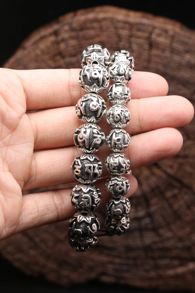 Nepal Vintage Handmade Tibetan Silver Transit Jewelry Six-character Mantra Heart Sutra Bracelet and Bead Bracelet