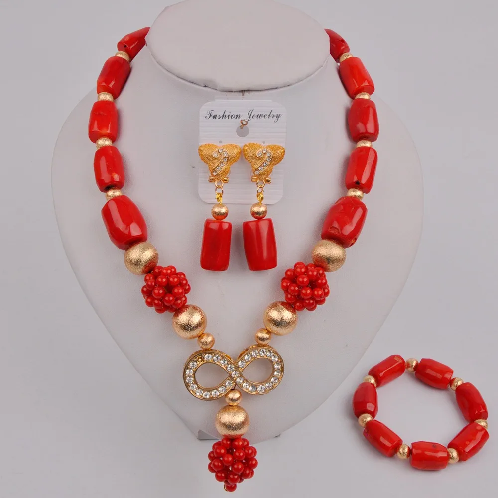 

Natural Red Coral Jewelry Necklace Nigerian Bride Wedding Jewelry Africa Wedding Dress Accessories Jewelry Set AU-122