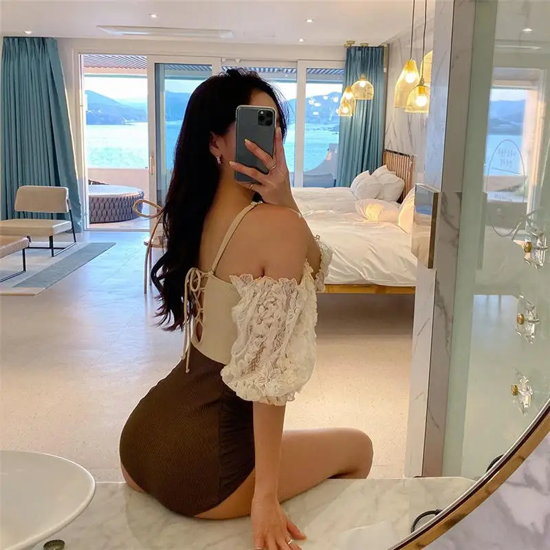 New Korean Sexy Swimsuit Suspenders One-Shoulder Lace Pattern Short-Sleeved Thin And Belly-Covering Hot Spring Vacation Swimwear
