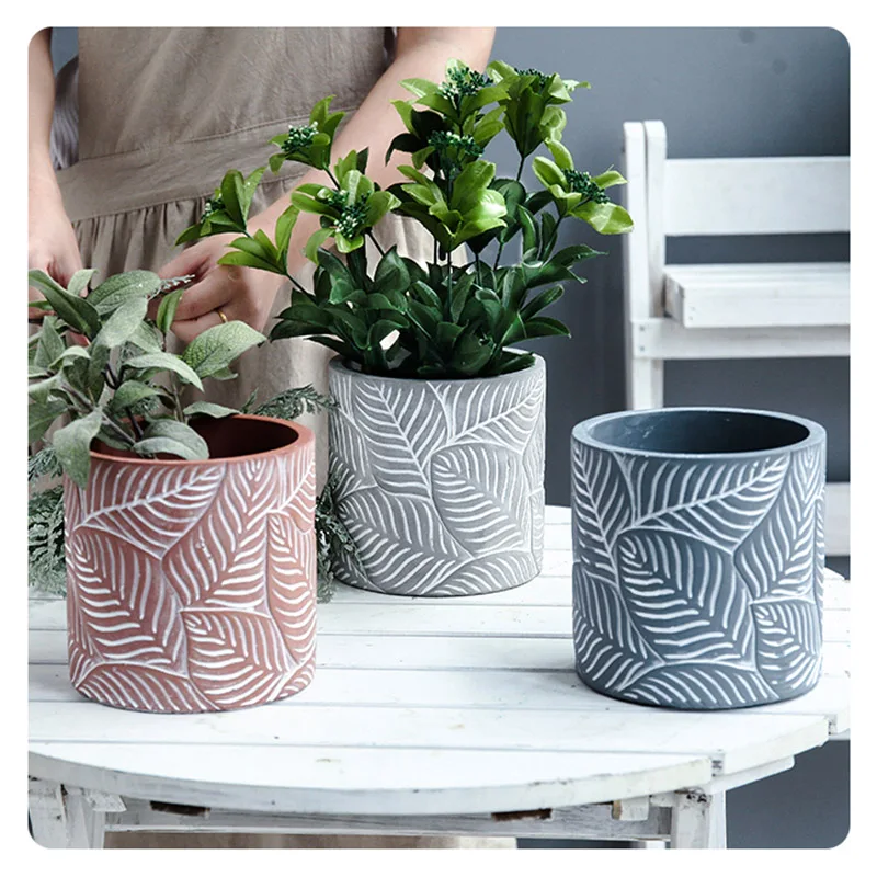 

Concrete flowerpot silicone mold leaf pattern design concrete flowerpot gardening potted mould cylindrical shape