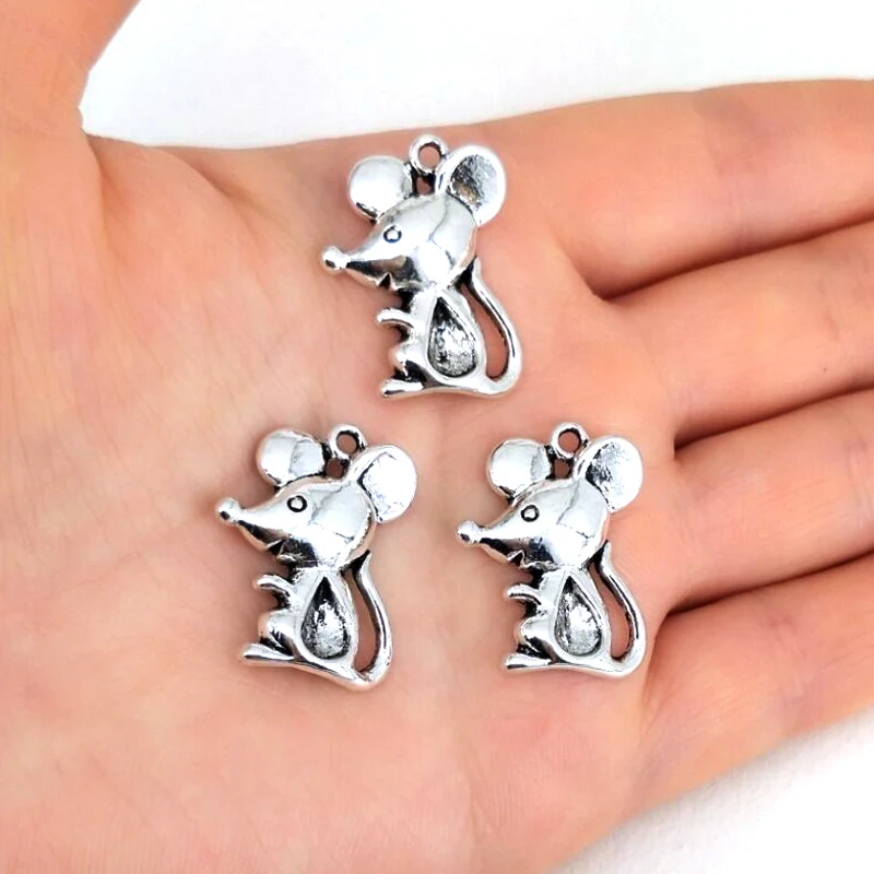 hzew 5pcs Exquisite cute cartoon mouse charm Ancient silver color rat pendant gift for children