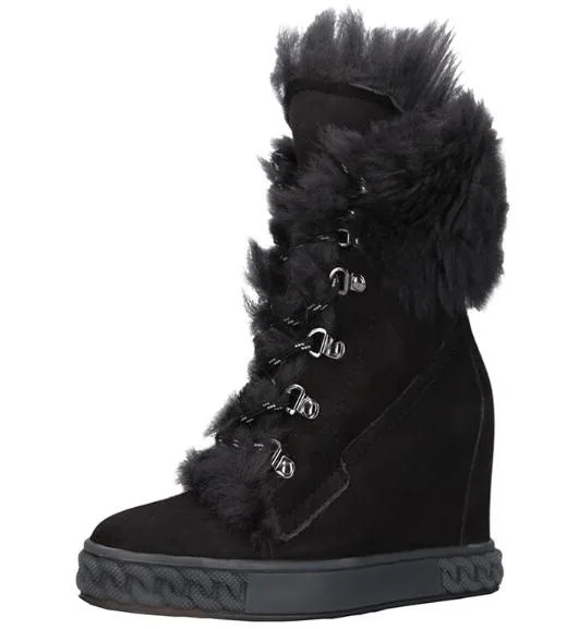 

Fur Black Girls Suede 8 cm Height Increasing Winter Warming Round Toe Lace Up Front Wedge Short Fashion Ankle Boots Woman