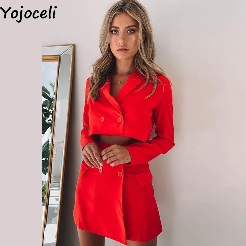 Yojoceli Sexy autumn elegant cool skirt suit women Winter office uniform red suit female Cool daily short suit with skirt