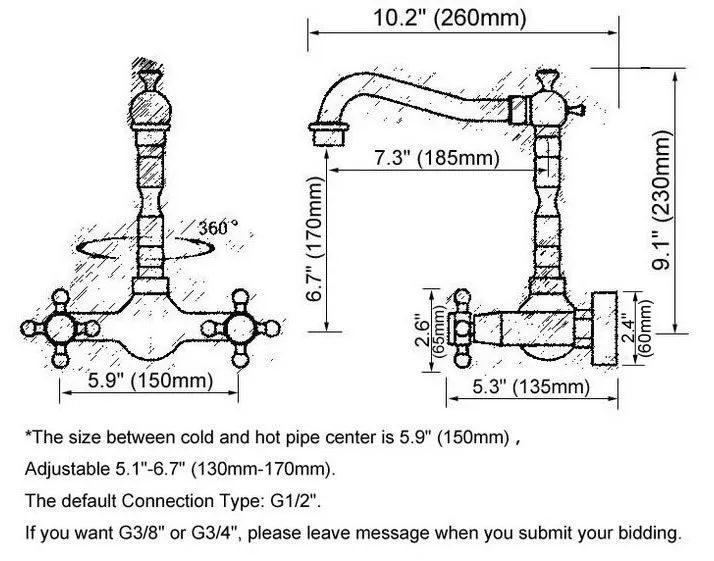 Black Oil Rubbed Bronze Wall Mounted Bathroom Kitchen Sink Faucet Swivel Spout Mixer Tap Dual Cross Handles anf848