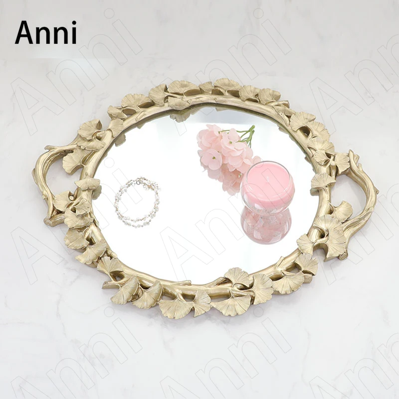 

Gilded Ginkgo Leave Trays Decorative Nordic Vintage Large Golden Glass Mirror Storage Tray Wedding Decoration Cake Dessert Plate