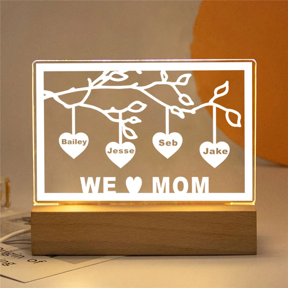 Personalized Family Tree Sign LED USB Acrylic Night Light Custom Laser Engraved Names & Text 3D Lamp Wood Base For Room Decorate