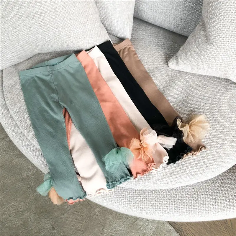 New Kids Girls Leggings Autumn Solid Bow Tie Children Trousers Girl Casual Pencil Pants Cute Toddler Leggings 2021